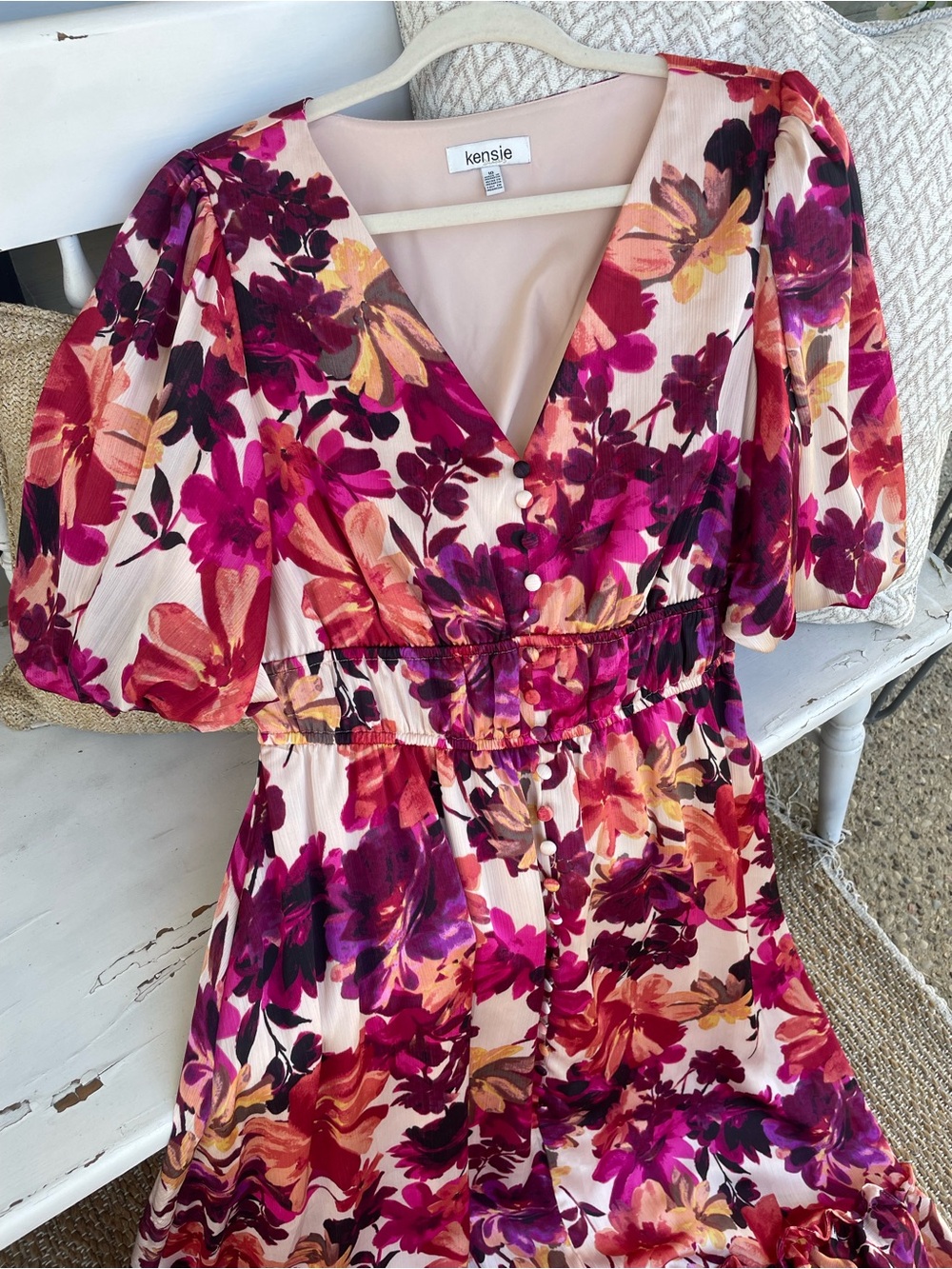 KENSIE Women’s V-Neck Short-Sleeve Chiffon MIDI Dress Floral, SIZE 10